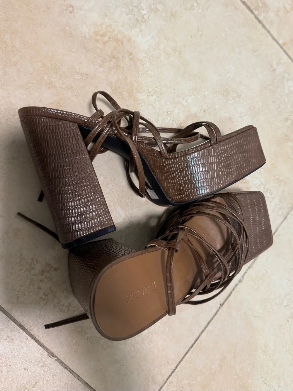 Forever 21 Brown Croc-Embossed Lace-Up Platform Heels